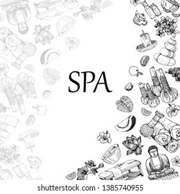 Poster card composition of hand drawn sketch style day spa themed objects isolated on white background. Vector illustration.