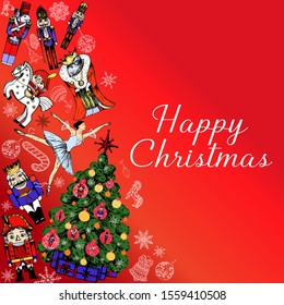Poster card composition of hand drawn sketch style characters and different objects related to The Nutcracker fairy tale isolated on red background. Vector illustration.
