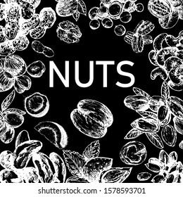 Poster card composition of hand drawn sketch style different kinds of nuts isolated on black background. Vector illustration.