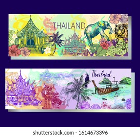 Poster card composition of hand drawn sketch style Thailand related objects. Vector illustration.