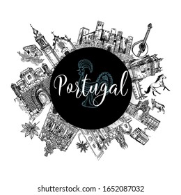 Poster card composition of hand drawn sketch style Portugal related objects isolated on white background. Vector illustration.