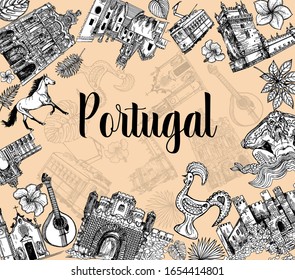 Poster card composition of hand drawn sketch style Portugal related objects. Isolated vector illustration.