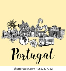 Poster card composition of hand drawn sketch style Portugal related objects. Isolated vector illustration.