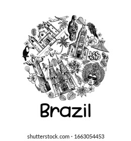 Poster card composition of hand drawn sketch style Brazil related objects isolated on white background. Vector illustration.