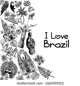 Poster card composition of hand drawn sketch style Brazil related objects isolated on white background. Vector illustration.