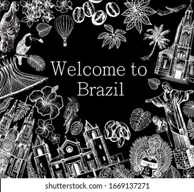 Poster card composition of hand drawn sketch style Brazil related objects isolated on black background. Vector illustration.