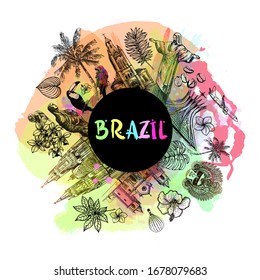 Poster card composition of hand drawn sketch style Brazil related objects isolated on white background. Vector illustration.