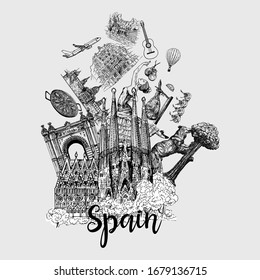 Poster / card / composition of hand drawn sketch style Spain related objects isolated on white background. Vector illustration.