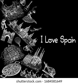 Poster / card / composition of hand drawn sketch style Spain related objects isolated on black background. Vector illustration.