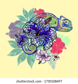 Poster / card/ composition of hand drawn sketch style abstract chameleon and plants isolated on yellowish background. Vector illustration.