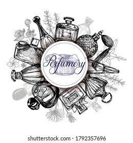 Poster / card / composition of hand drawn sketch style bottles of perfume and plants isolated on white background. Vector illustration.
