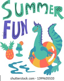 Poster or card with cute cartoon  dinosaur or dragon and lettering on the theme of summer fun flat vector illustration isolated on white background.