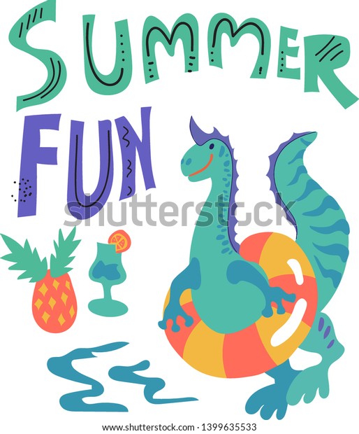 Poster or card with cute cartoon  dinosaur or\
dragon and lettering on the theme of summer fun flat vector\
illustration isolated on white\
background.
