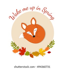 Poster or card with cute sleeping red fox pup, autumn leaves and funny text. Kids background. Vector illustration in cartoon style