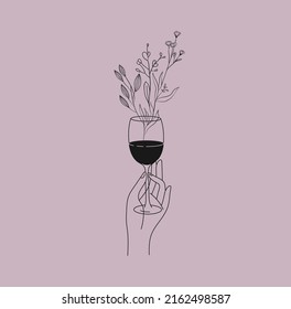 Poster or card with different woman hands gestures hold wineglass or drink with floral elements. Smell of wine like branches and blooming flowers. Vector concept