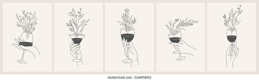 Poster or card with different woman hands gestures hold wineglass or drink with floral elements. Smell of wine like branches and blooming flowers. Vector concept illustration