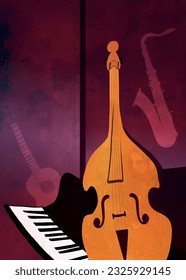 Poster or card or flyer concert festival live jazz or blues music event. Cover band or Banner with Piano Double Bass Classical Guitar and Saxophone.Show or Party entertainment.Night club