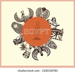 Poster card with hand drawn sketch style Egyptian themed objects. Vector illustration.
