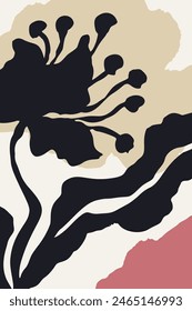 Póster o tarjeta con pincel de tinta boceto floral abstracto y Formas orgánicas grungy. Silueta negra de elemento floral de doodle minimalista y diseño geométrico