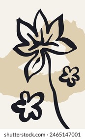 Poster or card with ink brush abstract flower sketch and grungy organic shapes. Black silhouette of minimalist doodle floral element and geometric design