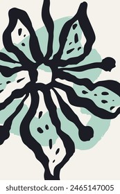 Póster o tarjeta con pincel de tinta boceto floral abstracto y Formas orgánicas grungy. Silueta negra de elemento floral de doodle minimalista y diseño geométrico