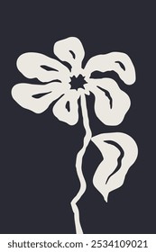 Poster or card with ink brush abstract flower sketch. White silhouette of minimalist doodle floral
