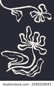 Poster or card with ink brush abstract flower sketch. White silhouette of minimalist doodle floral
