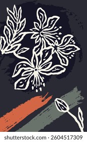 Poster or card with ink brush abstract sketch flower and leaves organic shapes background. Minimalist floral composition for cover, wall art or brochure design. Vector illustration