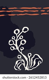 Poster or card with ink brush abstract sketch flower and leaves organic shapes background. Minimalist floral composition for cover, wall art or brochure design. Vector illustration