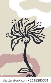 Poster or card with ink brush abstract sketch flower and organic shapes background. Minimalist floral composition for cover, wall art or brochure design. Vector illustration