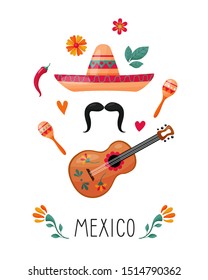 Poster or card with Mexican elements. Vector illustration.