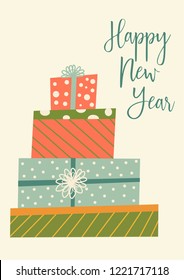 Poster or card with New Year's gifts. Vector retro style ilustration.