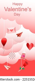 poster card with pink sky colorful happy valentine's day heart gift candy note rose folding rocket