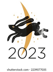 Poster Card of running, jumping rabbit, bunnies illustrations. Chinese new year 2023 year of the rabbit, Chinese zodiac symbol. Calendar 2023.