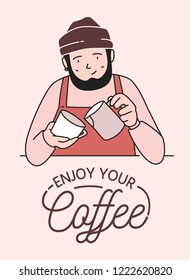 Poster or card template with cute smiling barista making coffee and Enjoy Your Coffee wish. Funny happy bearded man serving drinks for clients at coffeeshop. Vector illustration in line art style.