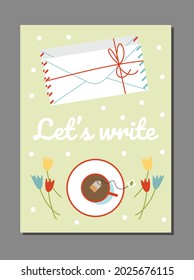Poster or card template with letters in mail envelopes and cup of tea, flat vector illustration. Post mail and writing letters, postal correspondence and message.