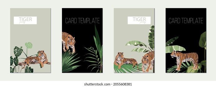 Poster or card template set of tigers and tropical leaves. Trendy illustration.	