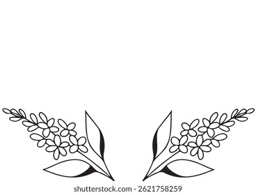 Cartel o Plantilla de tarjeta con un ícono simple de una rama lila dibujada con varias líneas en estilo de arte lineal, para logotipos y tatuajes