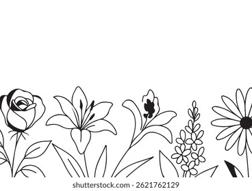 Cartel o Plantilla de tarjeta con iconos simples de brotes de varias flores y ramas dibujadas con varias líneas en estilo de arte lineal, para logotipos y tatuajes