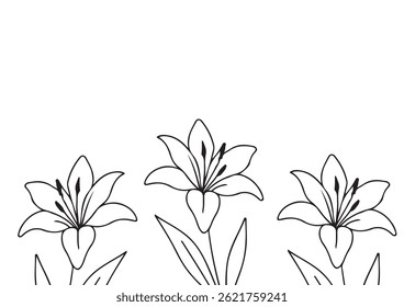poster or card template with a simple lily bud icon drawn with a few lines in line art style, for logos and tattoos