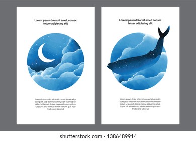 Poster, card templates kit. Fantasy night, moon and blue whale