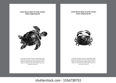 Poster, card templates. Sea animals silhouettes- black garbage bag. Concept of saving the environment and plastic pollution of the world ocean