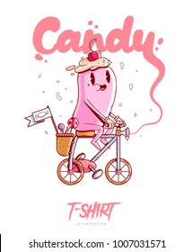 Cartel, tarjeta o camiseta impresa con caramelos en una bicicleta. Ilustración a la moda estilo hipster. Vector