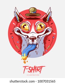 Poster, card or t-shirt print with crazy fox. Trendy hipster style illustration. Vector