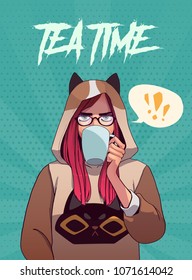 Poster, card or t-shirt print with cute girl sulking and drinking tea . Trendy anime style vector illustration