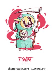 Poster, card or t-shirt print with Dog with scythe and skull in hand. Trendy hipster style illustration. Vector