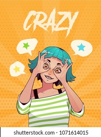 Poster, card or t-shirt print with funny excited girl showing Ok gestures with both hands. Trendy anime style vector illustration