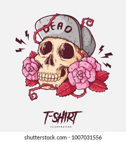 Poster, card or t-shirt print with skull and roses. Trendy hipster style illustration. Vector