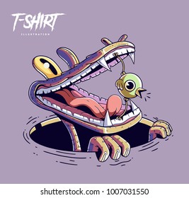 Poster, card or t-shirt print with stylish Crocodile And Bird. Trendy hipster style illustration. Vector