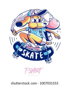 Poster, card or t-shirt print with stylish dog skater. Trendy hipster style illustration. Vector